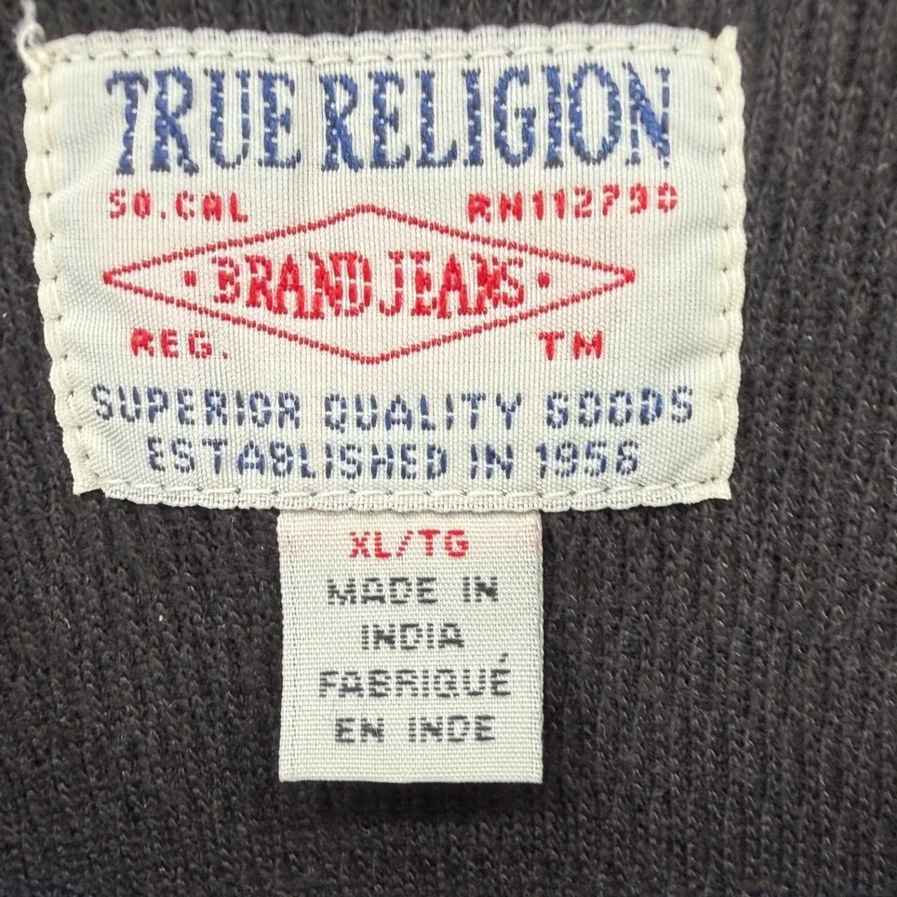 True Religion Mens XL Black Waffle Knit Long Sleeve Henley Shirt LS Henley